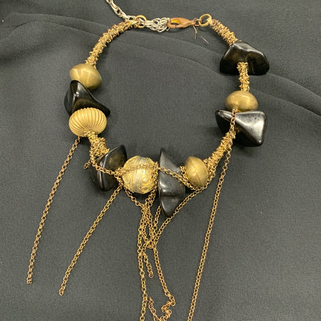 Jet, Antique African Brass & Chain Necklace